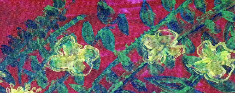 A painting of pale yellow flowers on a magenta ground