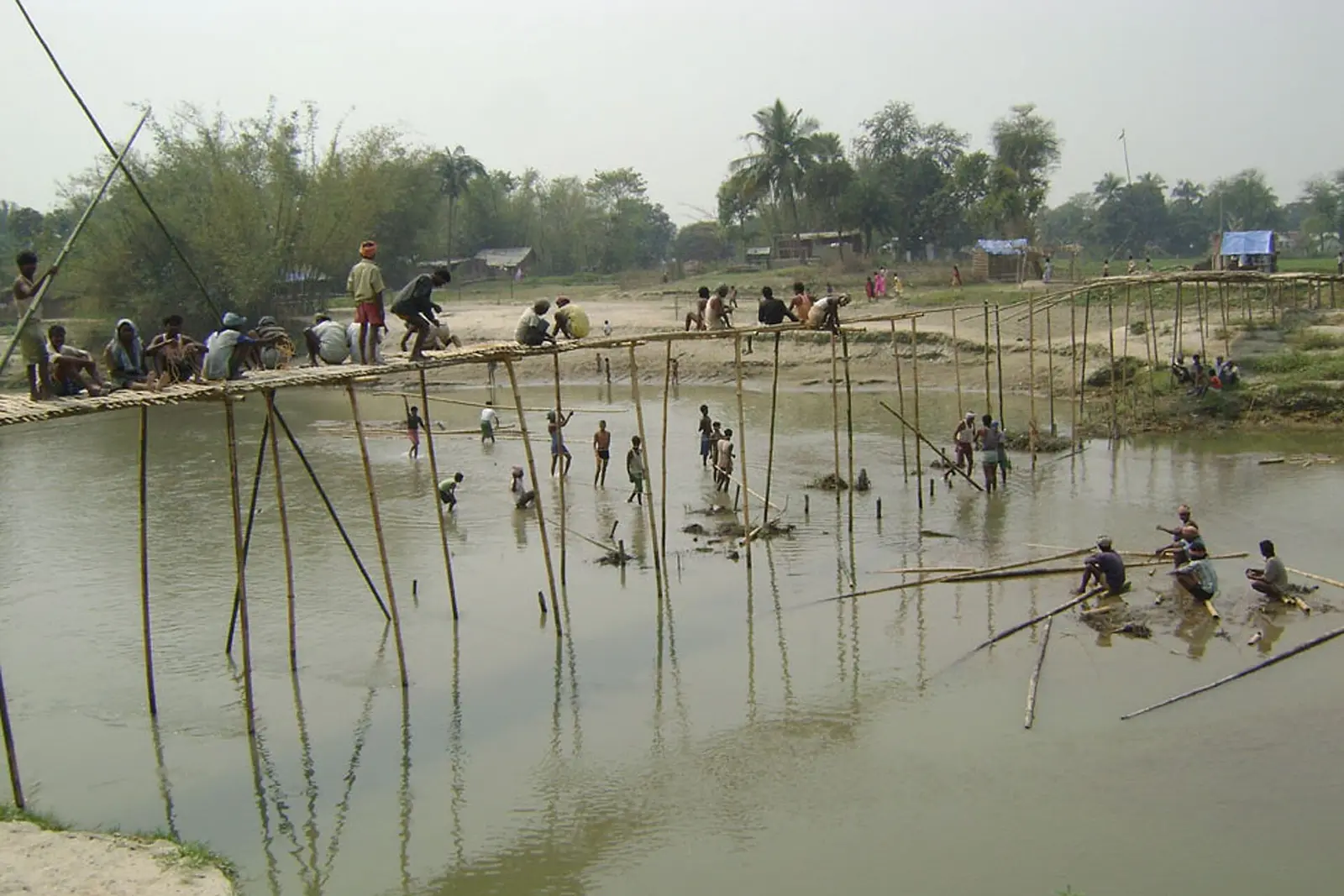 Villagers building a bamboo bridge across a river