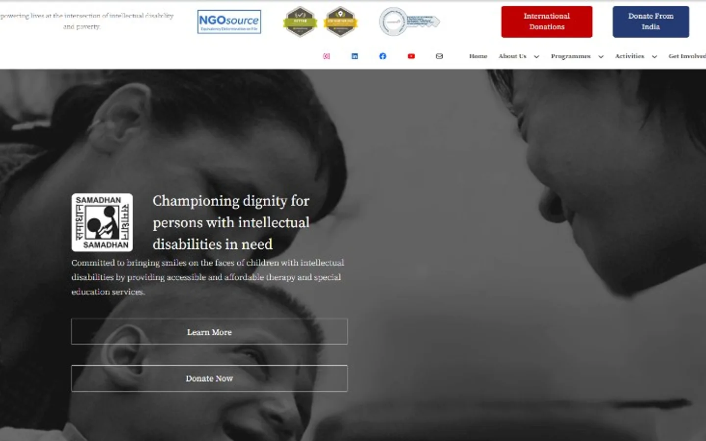 The current samadhanindia.org home page, a black-and-white photo with the line: Championing dignity for persons with intellectual disabilities in need