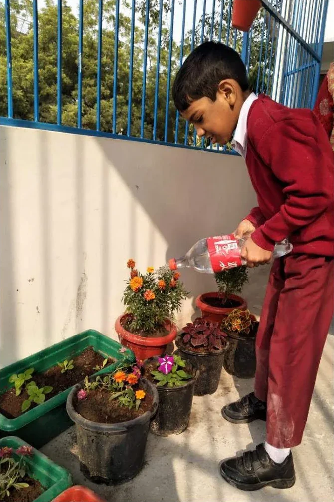 A boy in a red sweater watering potted plants